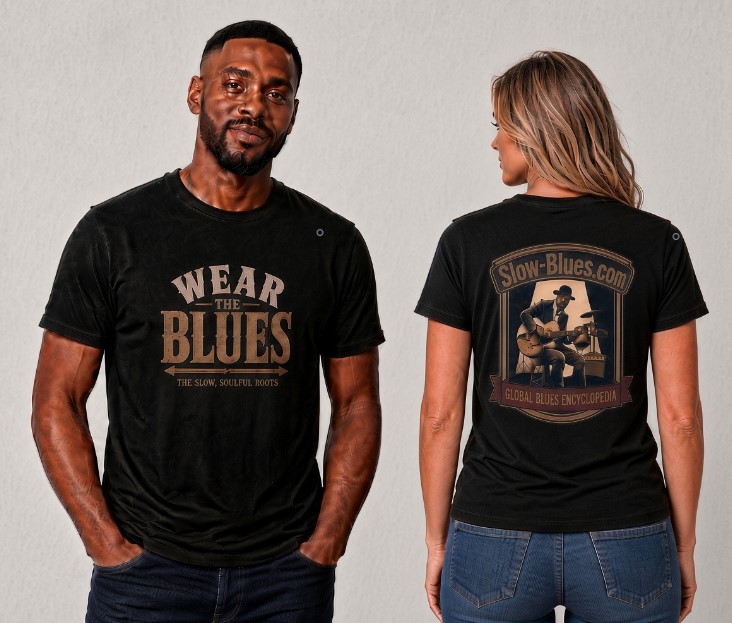 Wear the Blues Tee — SlowBlues merch, front and back